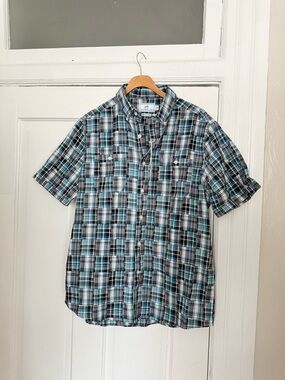 Southern Tide Teal, Black & White Short-Sleeve Plaid Button-Down Shirt